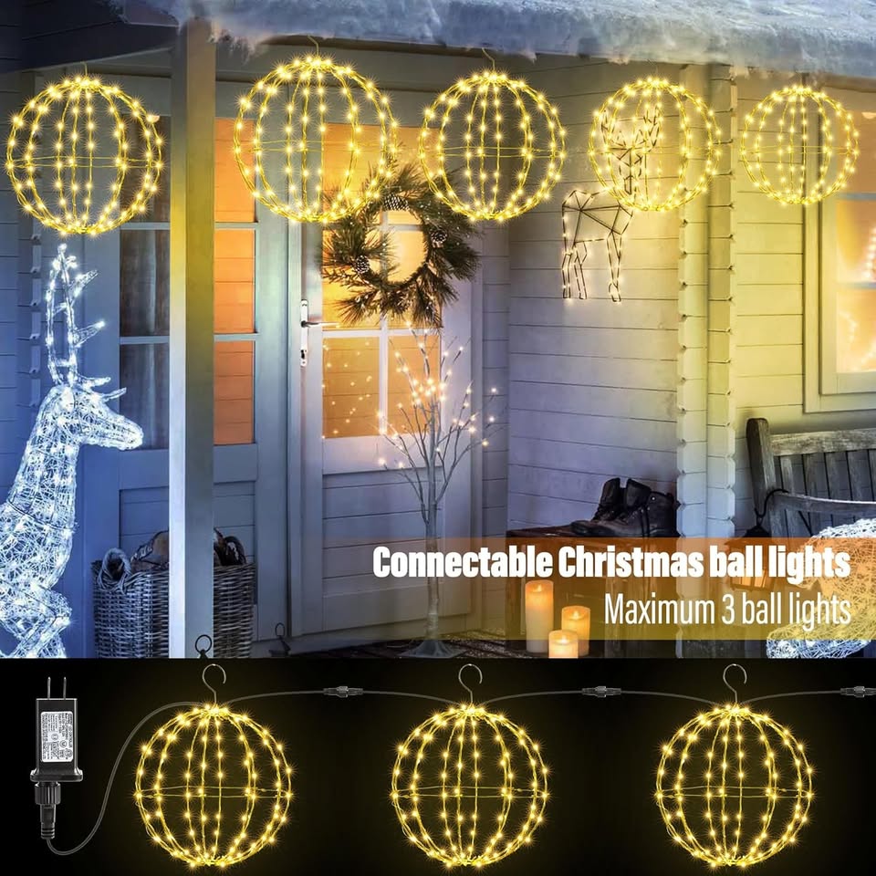 2 Pack Christmas Ball Lights, 13IN & 11IN Foldable Metal Sphere Lights