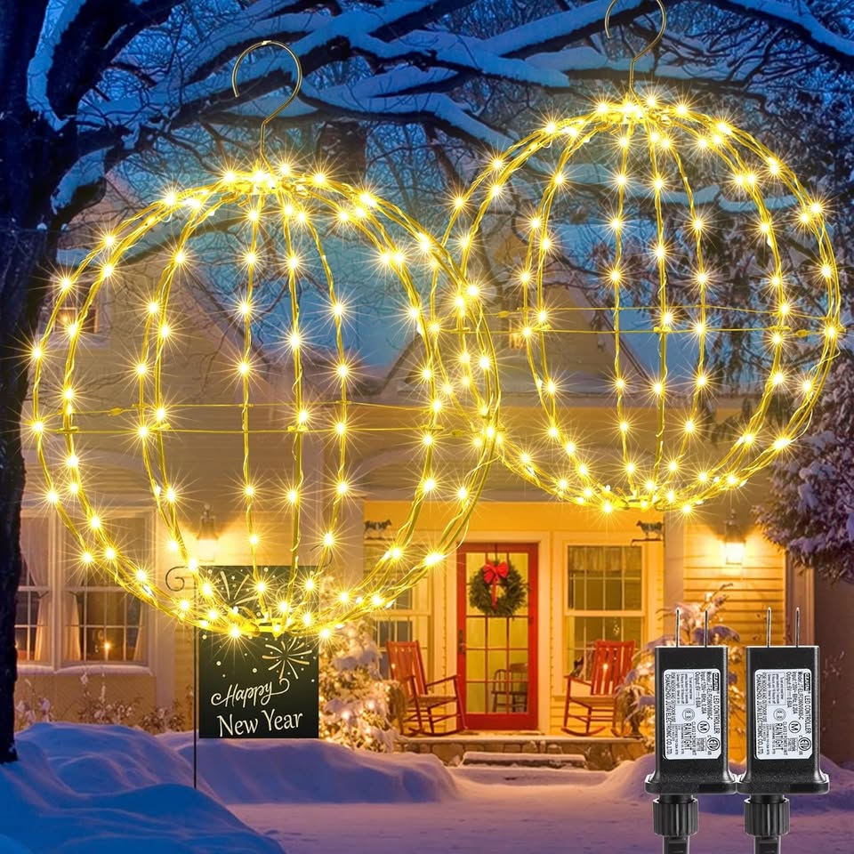 2 Pack Christmas Ball Lights, 13IN & 11IN Foldable Metal Sphere Lights