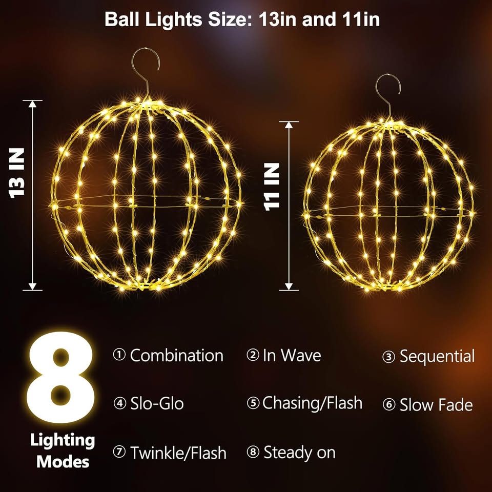 2 Pack Christmas Ball Lights, 13IN & 11IN Foldable Metal Sphere Lights