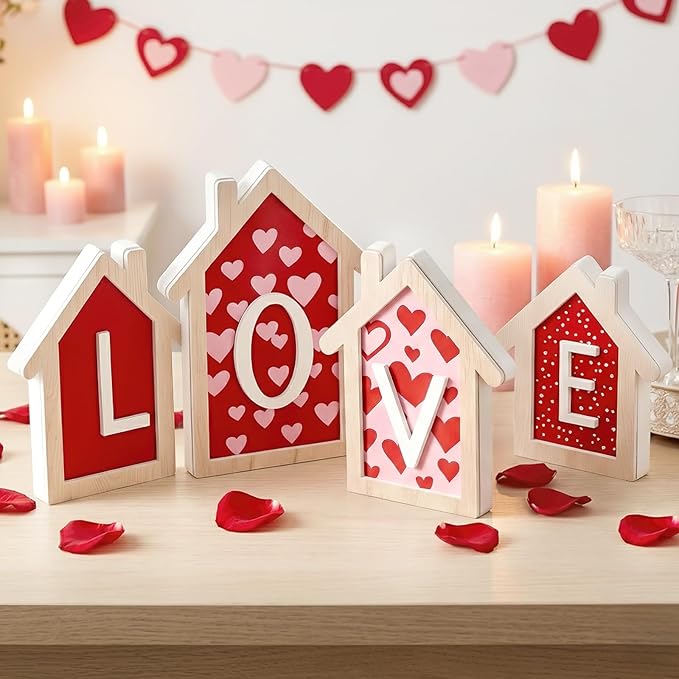 4 Pcs Valentine Decor 3D Wood House Shape Signs