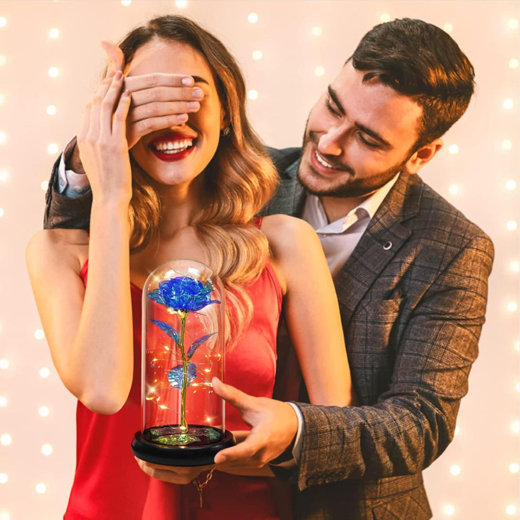 Light Up Galaxy Blue Rose in Glass Dome – Romantic Gift for Women