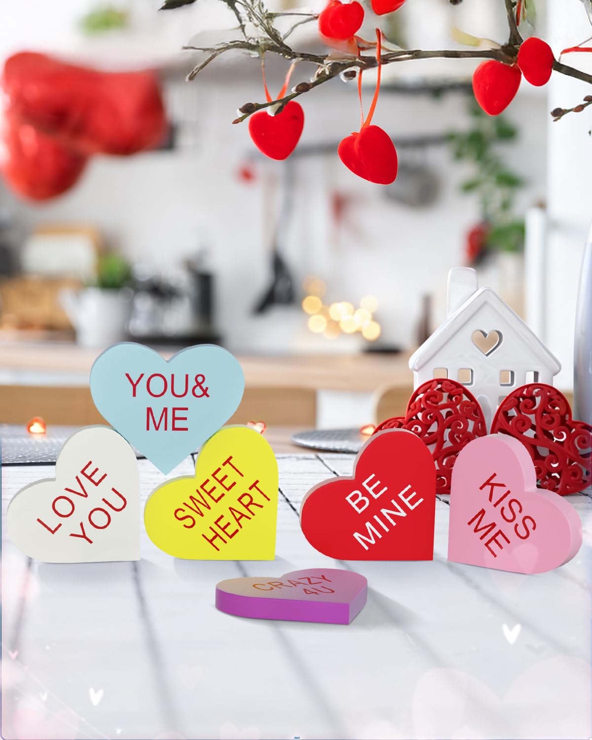 6 Pcs Double-Printed Wooden Conversation Hearts Valentine Decor – Table, Shelf & Tiered Tray Decorations