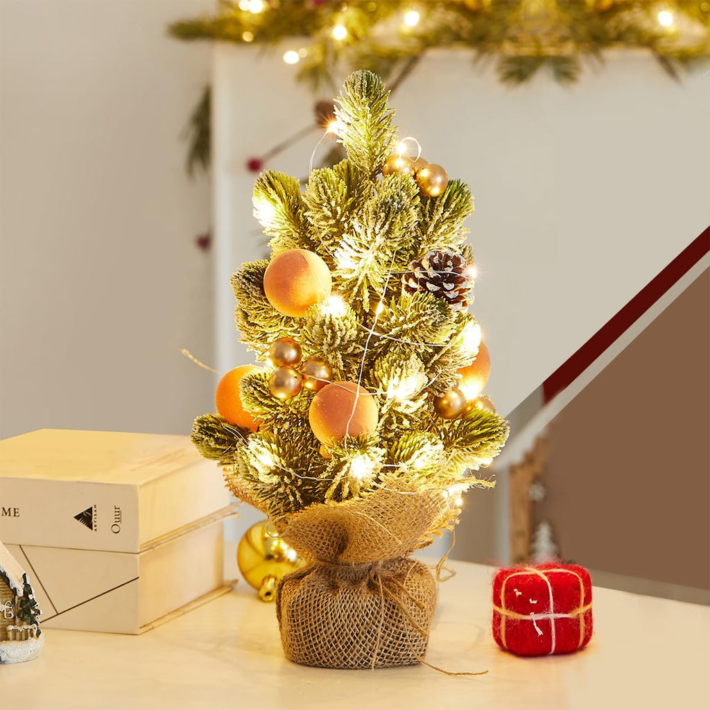 Lighted Mini Christmas Tree ,Tabletop Xmas Decor with Ornaments & Gnome