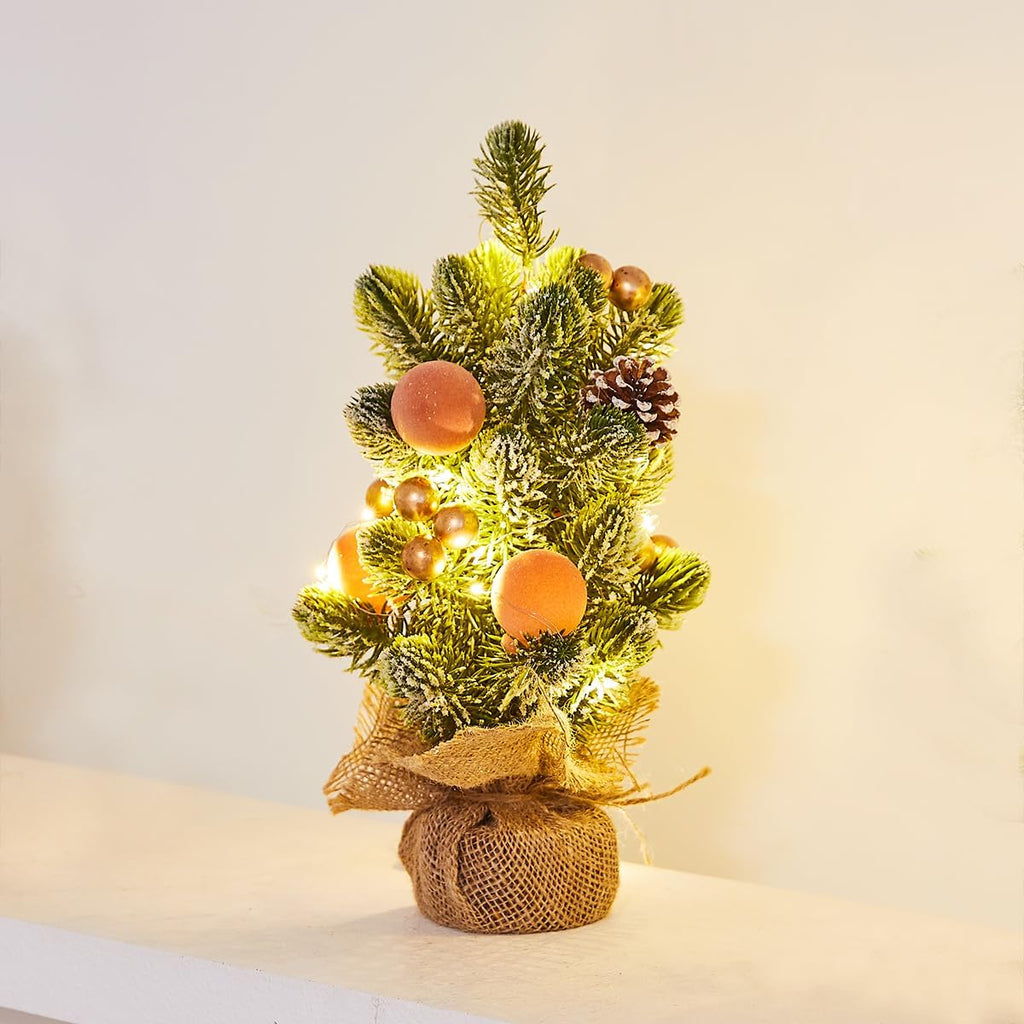 Lighted Mini Christmas Tree ,Tabletop Xmas Decor with Ornaments & Gnome