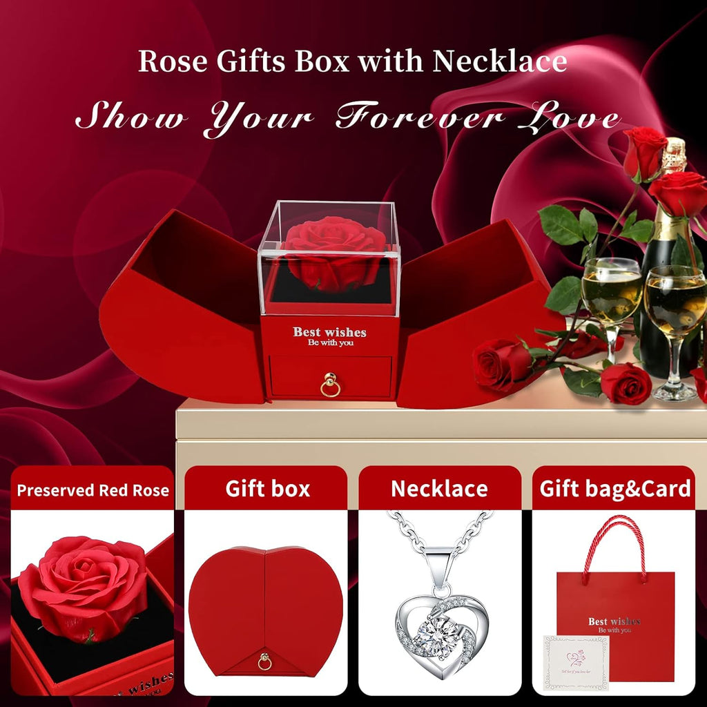 Romantic Jewelry Gift Box for Her | Preserved Rose & Sterling Silver Necklace – Birthday/Anniversary