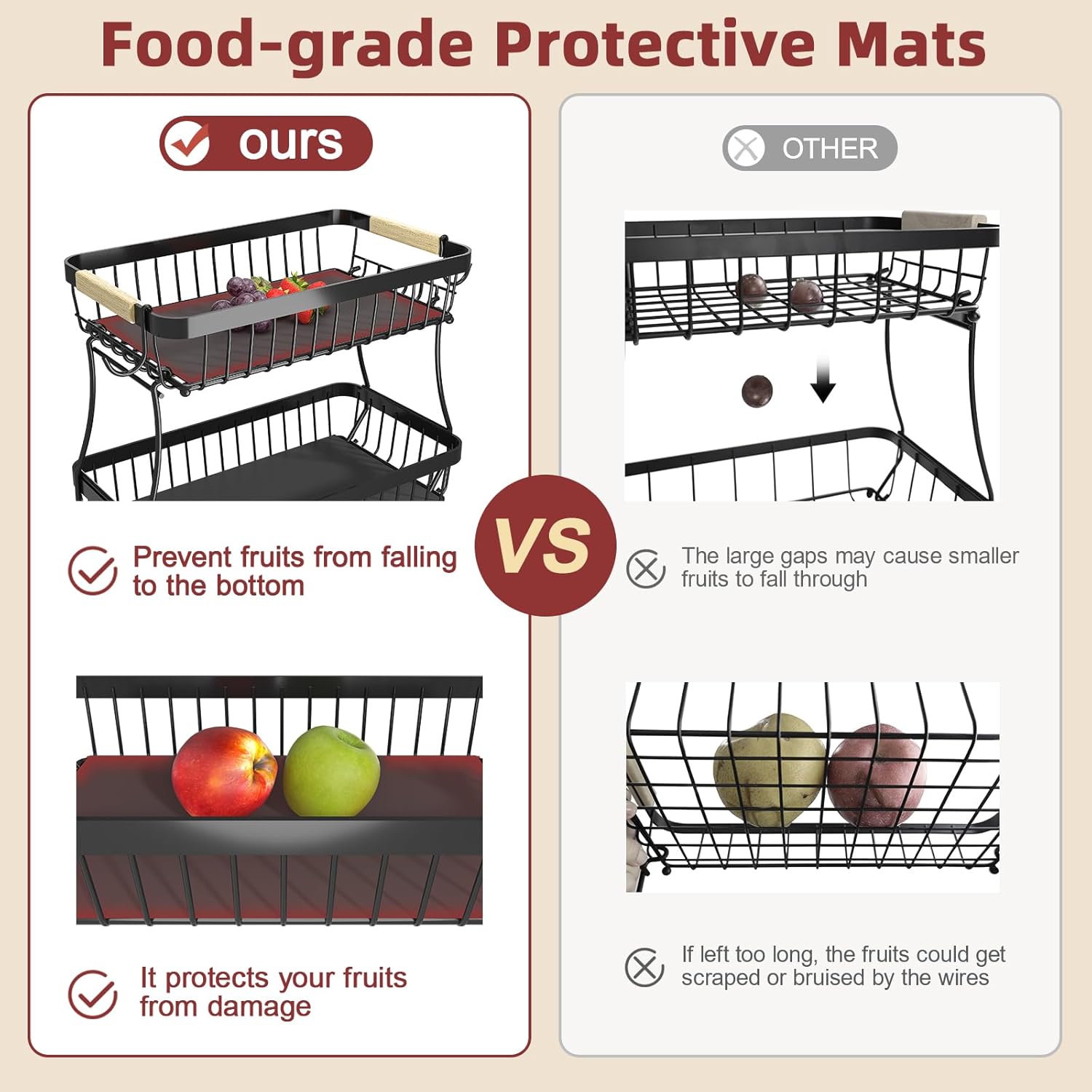 2 Tier Fruit Basket for Kitchen Counter with 2 Mobile Banana Hangers