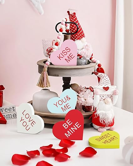 6 Pcs Double-Printed Wooden Conversation Hearts Valentine Decor – Table, Shelf & Tiered Tray Decorations