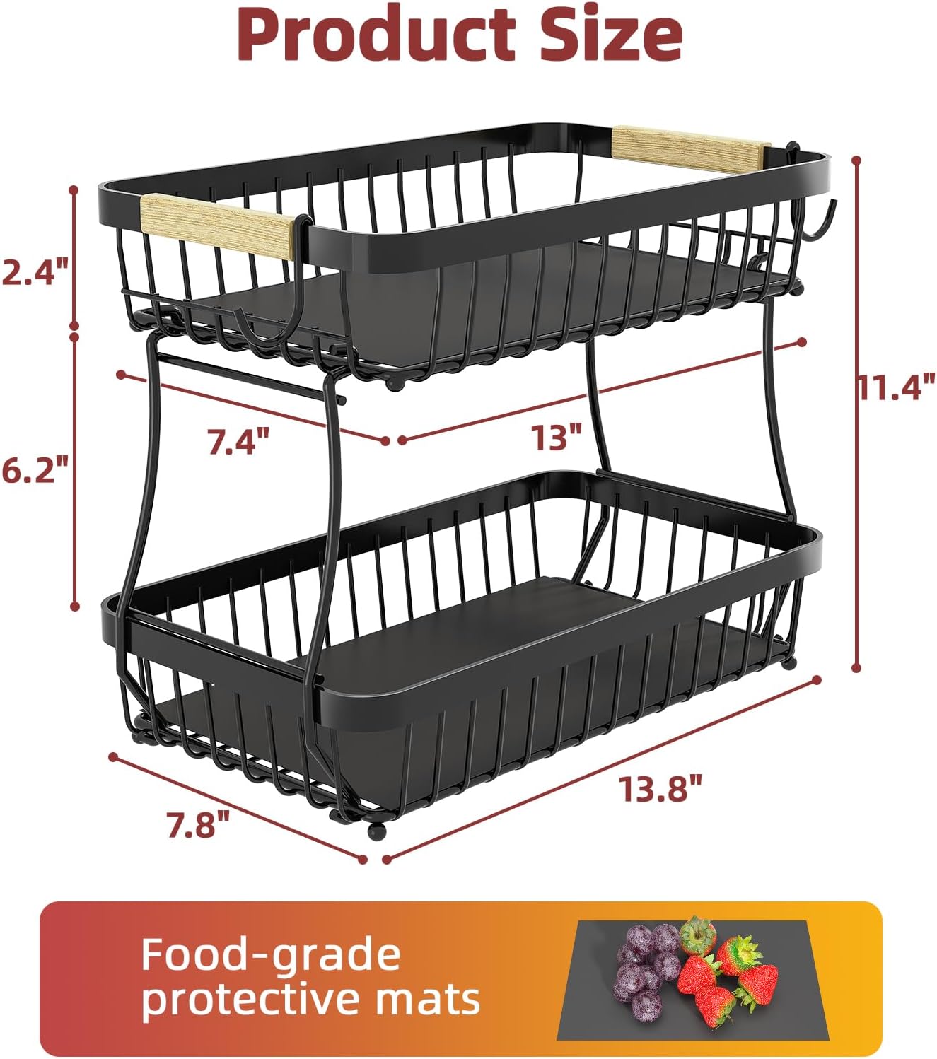 2 Tier Fruit Basket for Kitchen Counter with 2 Mobile Banana Hangers