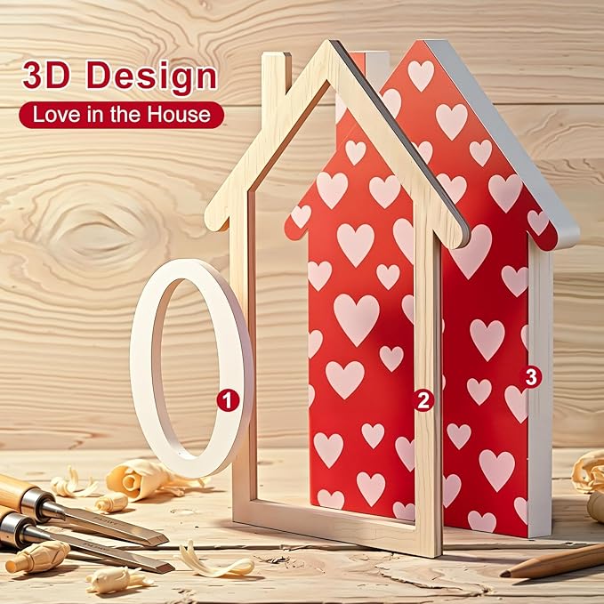 4 Pcs Valentine Decor 3D Wood House Shape Signs