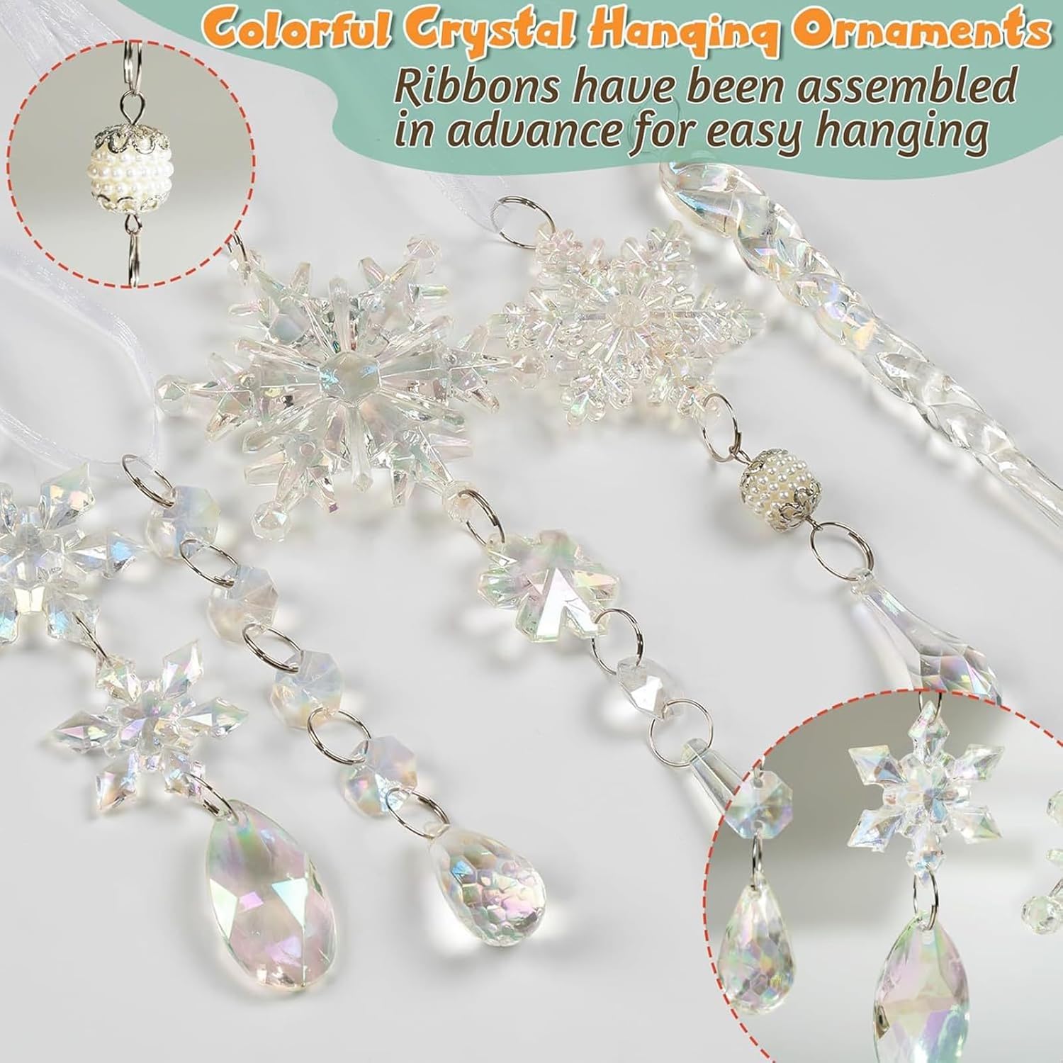 18PCS Crystal Christmas Ornaments for Tree – Colorful Acrylic Snowflake & Icicle Decorations