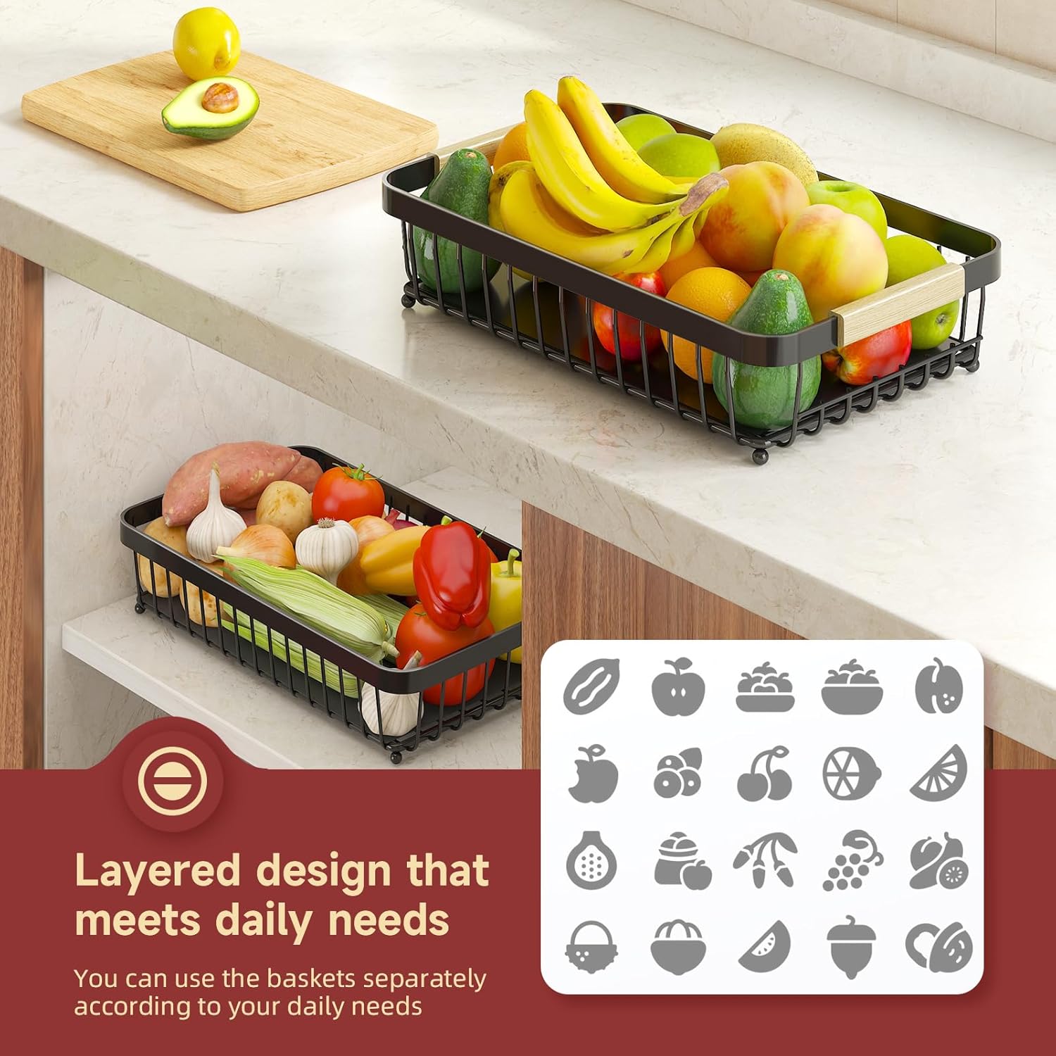 2 Tier Fruit Basket for Kitchen Counter with 2 Mobile Banana Hangers