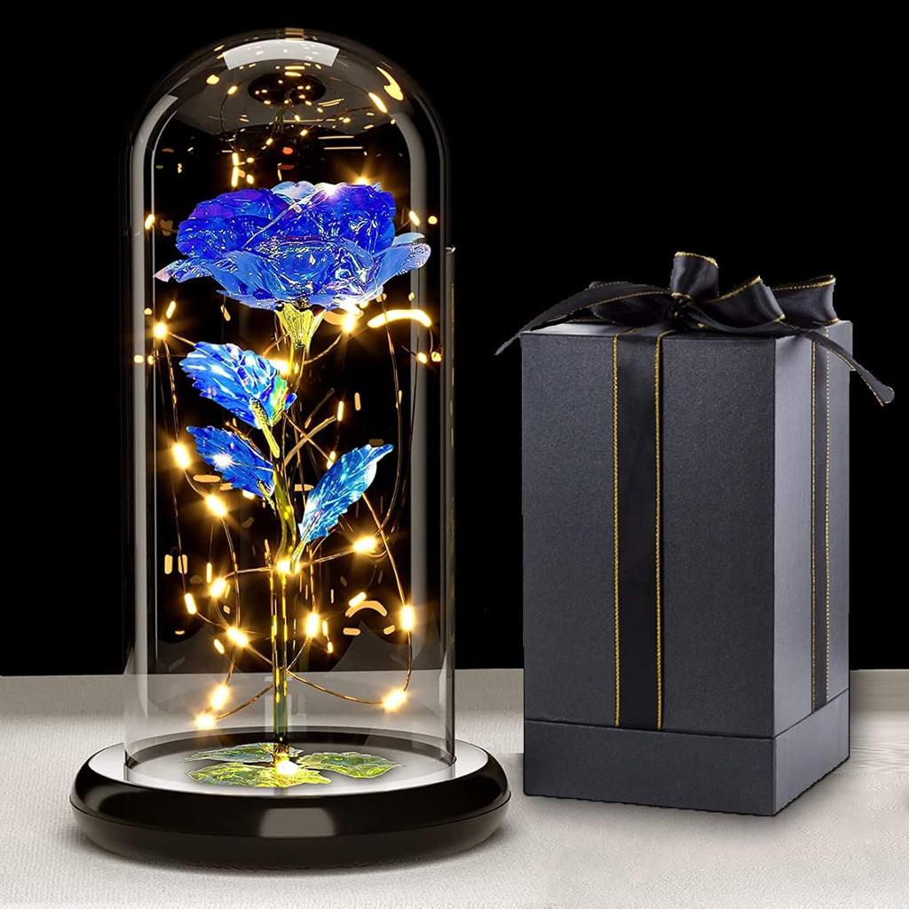 Light Up Galaxy Blue Rose in Glass Dome – Romantic Gift for Women