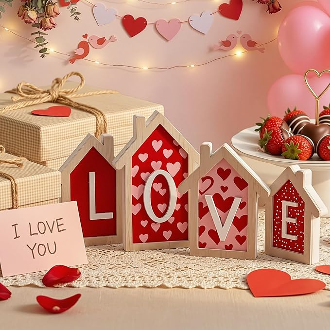 4 Pcs Valentine Decor 3D Wood House Shape Signs