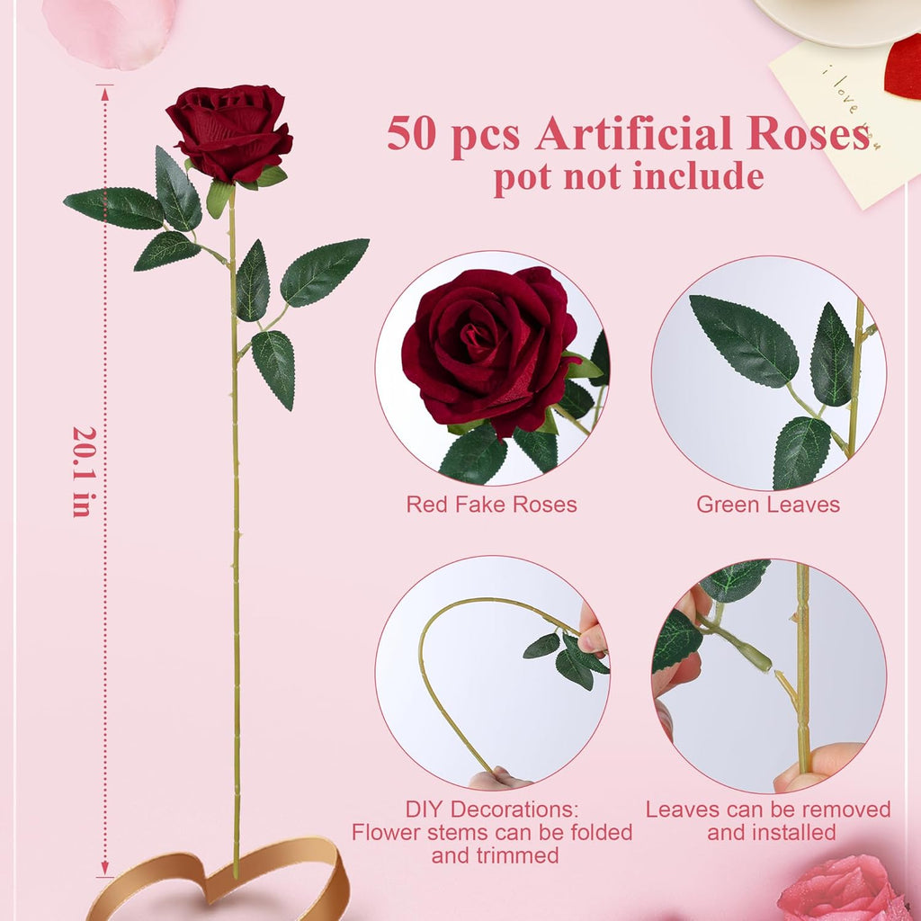 50PCS Burgundy Artificial Roses with Stems – Realistic Silk Fake Flowers for Wedding, DIY Bouquets, Home Décor & Valentine’s Day Gifts