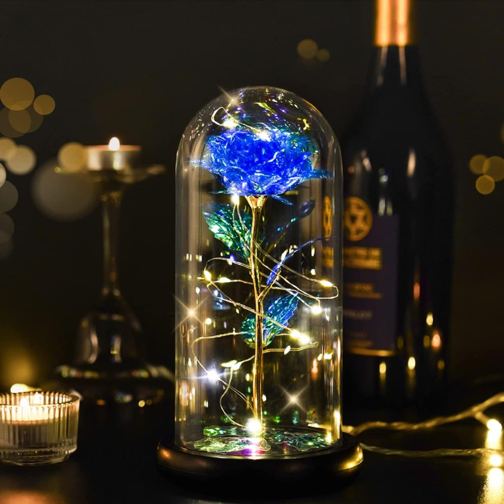 Light Up Galaxy Blue Rose in Glass Dome – Romantic Gift for Women