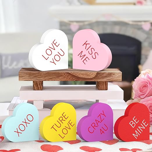 6 Pcs Double-Printed Wooden Conversation Hearts Valentine Decor – Table, Shelf & Tiered Tray Decorations
