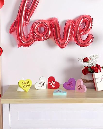 6 Pcs Double-Printed Wooden Conversation Hearts Valentine Decor – Table, Shelf & Tiered Tray Decorations