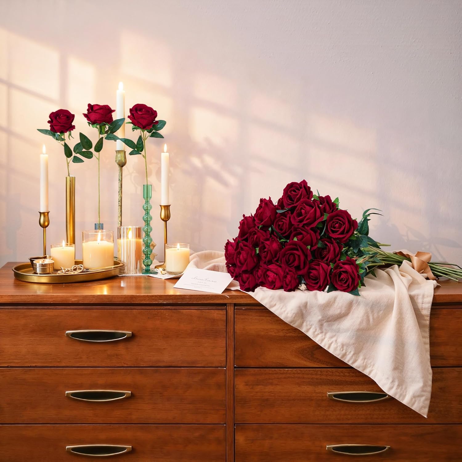 50PCS Burgundy Artificial Roses with Stems – Realistic Silk Fake Flowers for Wedding, DIY Bouquets, Home Décor & Valentine’s Day Gifts