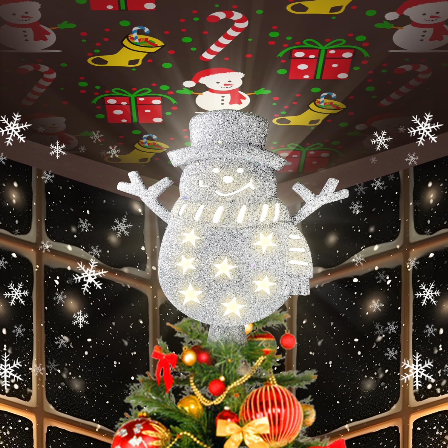 Christmas Tree Topper Lighted with 6 Projected Patterns 3D Glitter Projector for Party