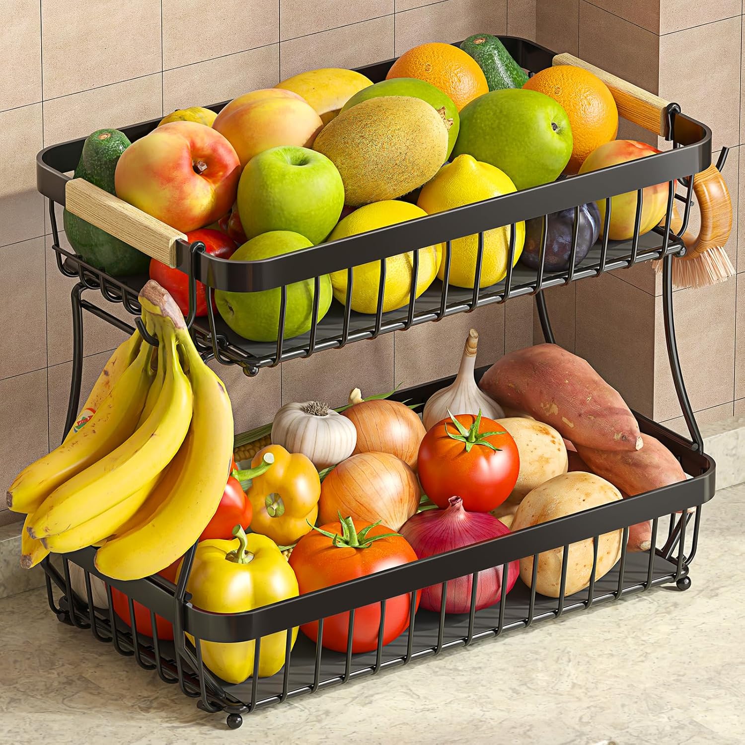 2 Tier Fruit Basket for Kitchen Counter with 2 Mobile Banana Hangers