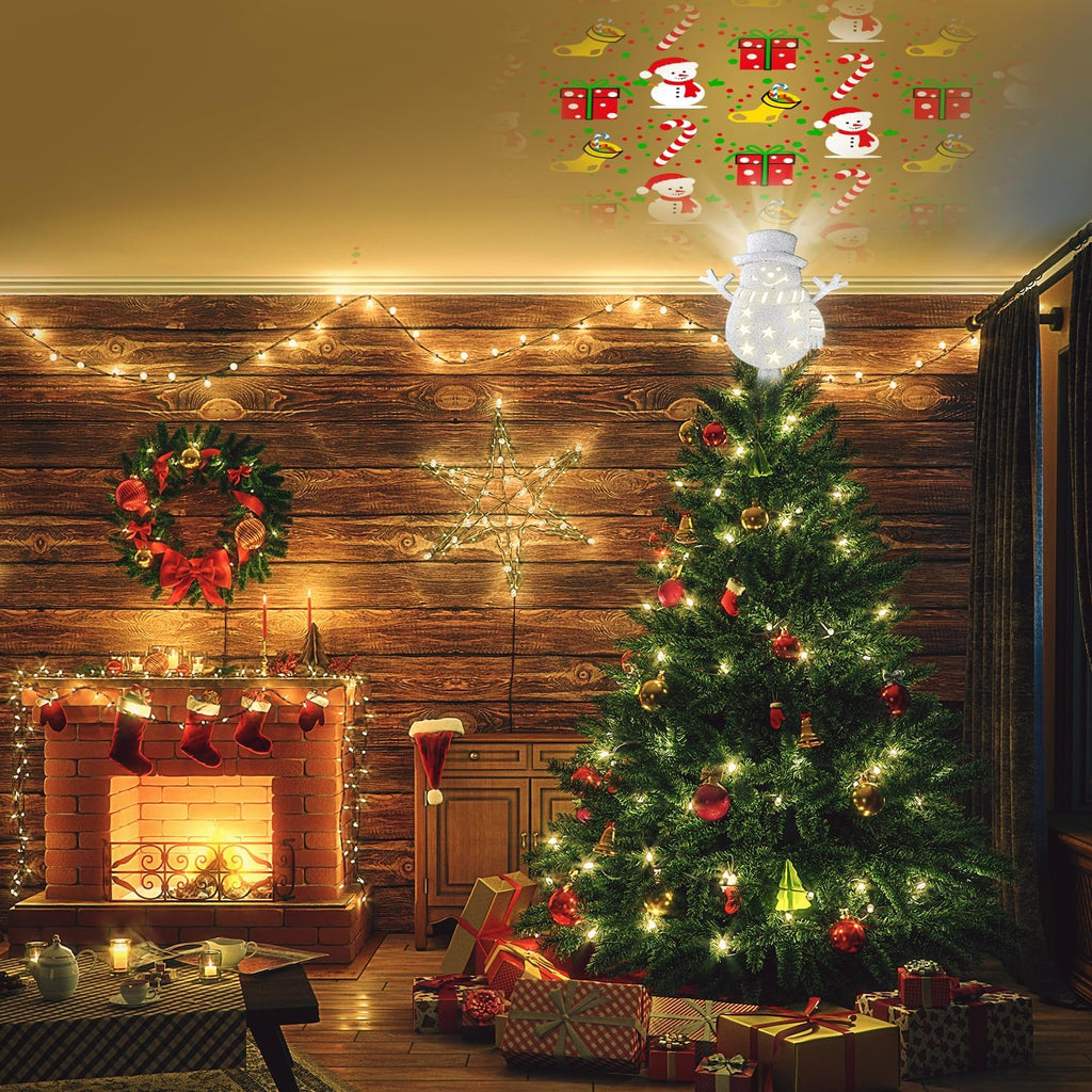 Christmas Tree Topper Lighted with 6 Projected Patterns 3D Glitter Projector for Party