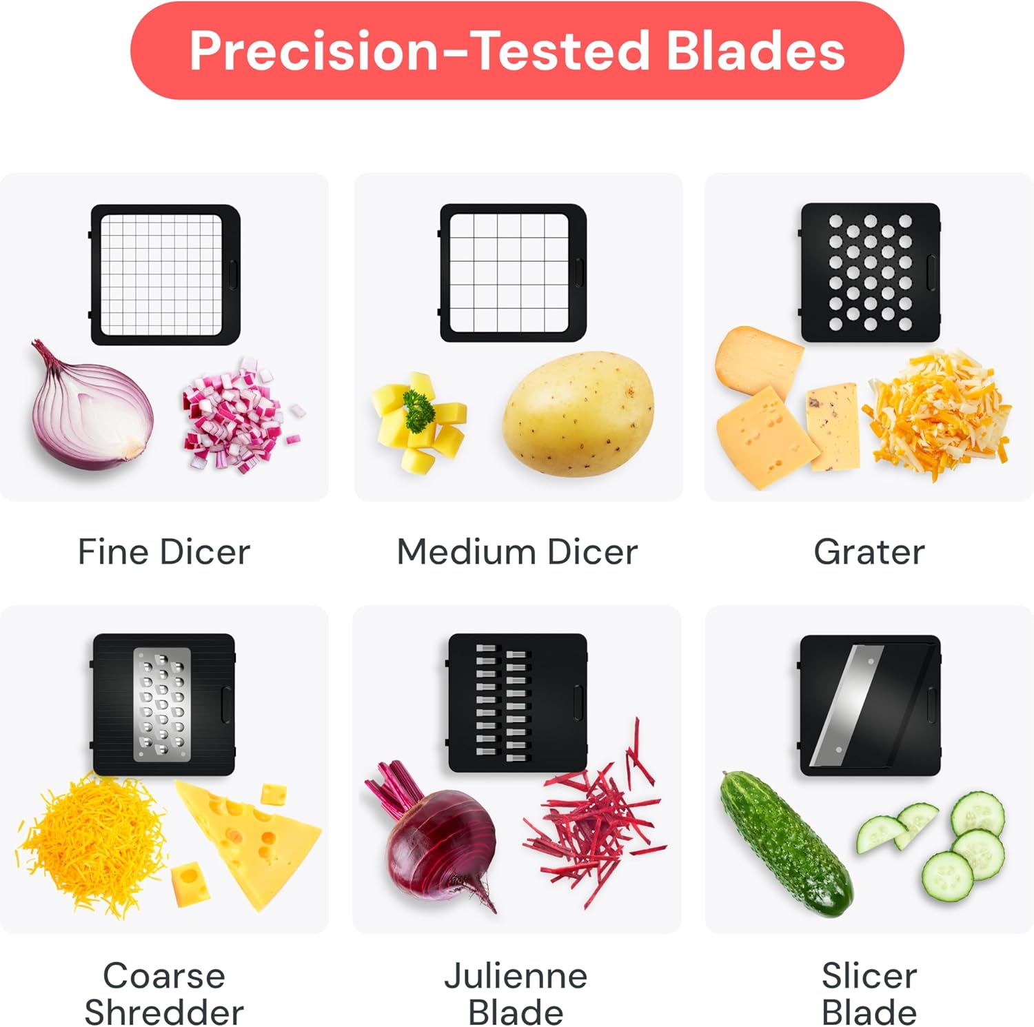 Vegetable Chopper & Mandoline Slicer – 6-in-1 Julienne Cutter, Dicer & Grater for Onion, Potato, Salad & Cheese (Compact, White)