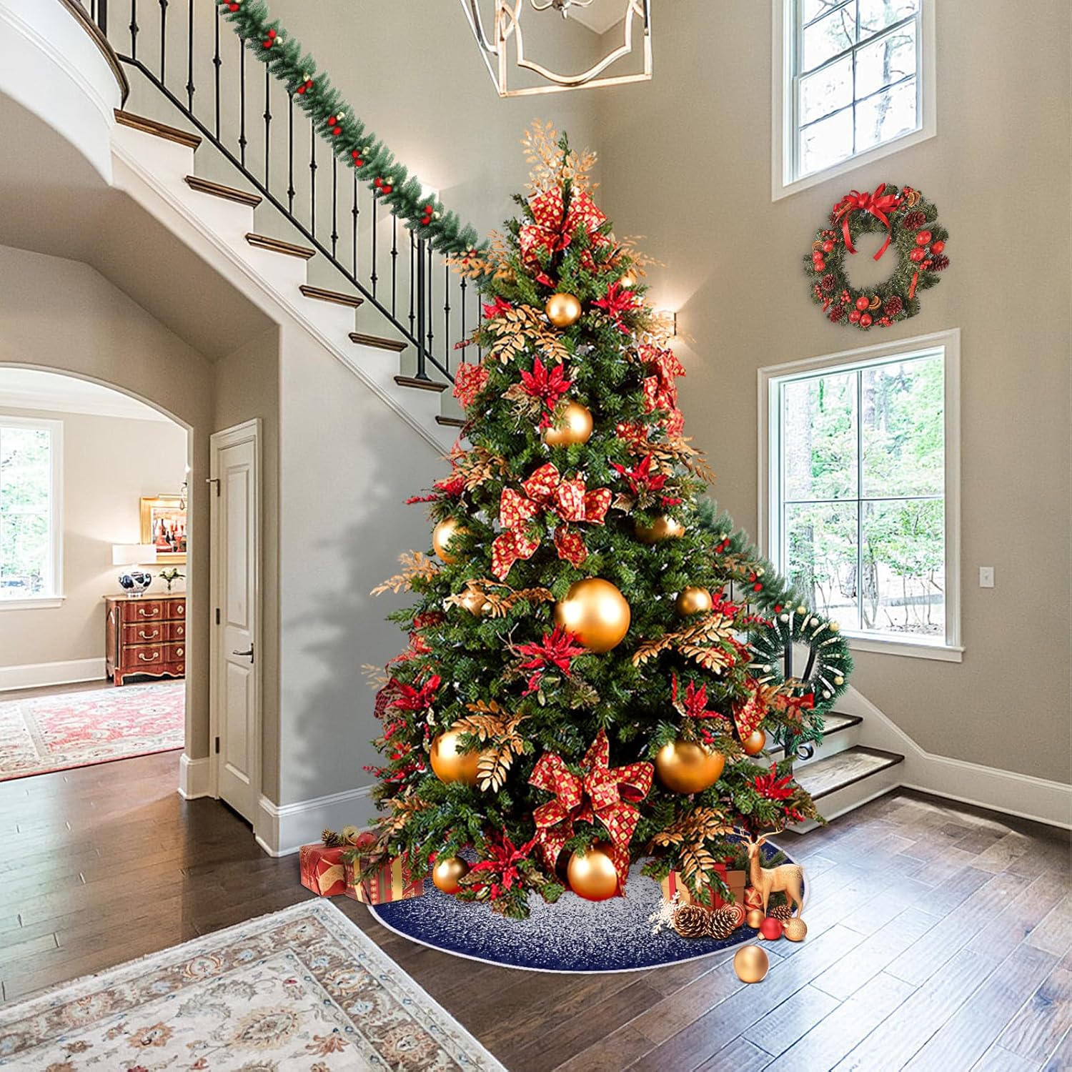 Christmas Tree Skirt, 30 Inch Rustic Burlap Tree Skirt with Red Car and Letter