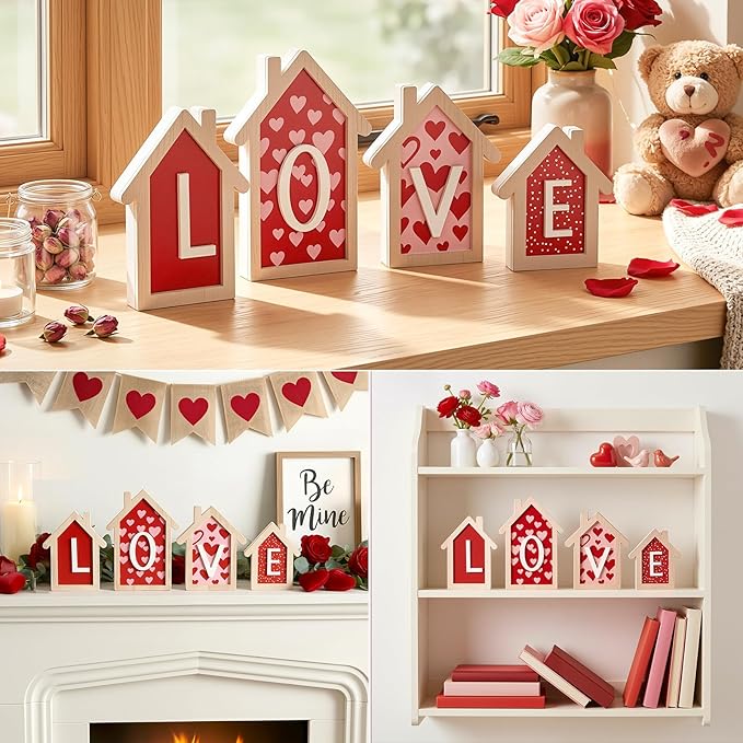 4 Pcs Valentine Decor 3D Wood House Shape Signs
