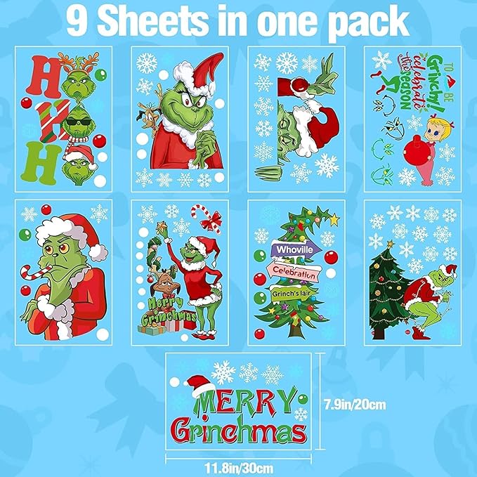 102Pcs Christmas Window Clings – Grinch Holiday Decorations & Window Stickers