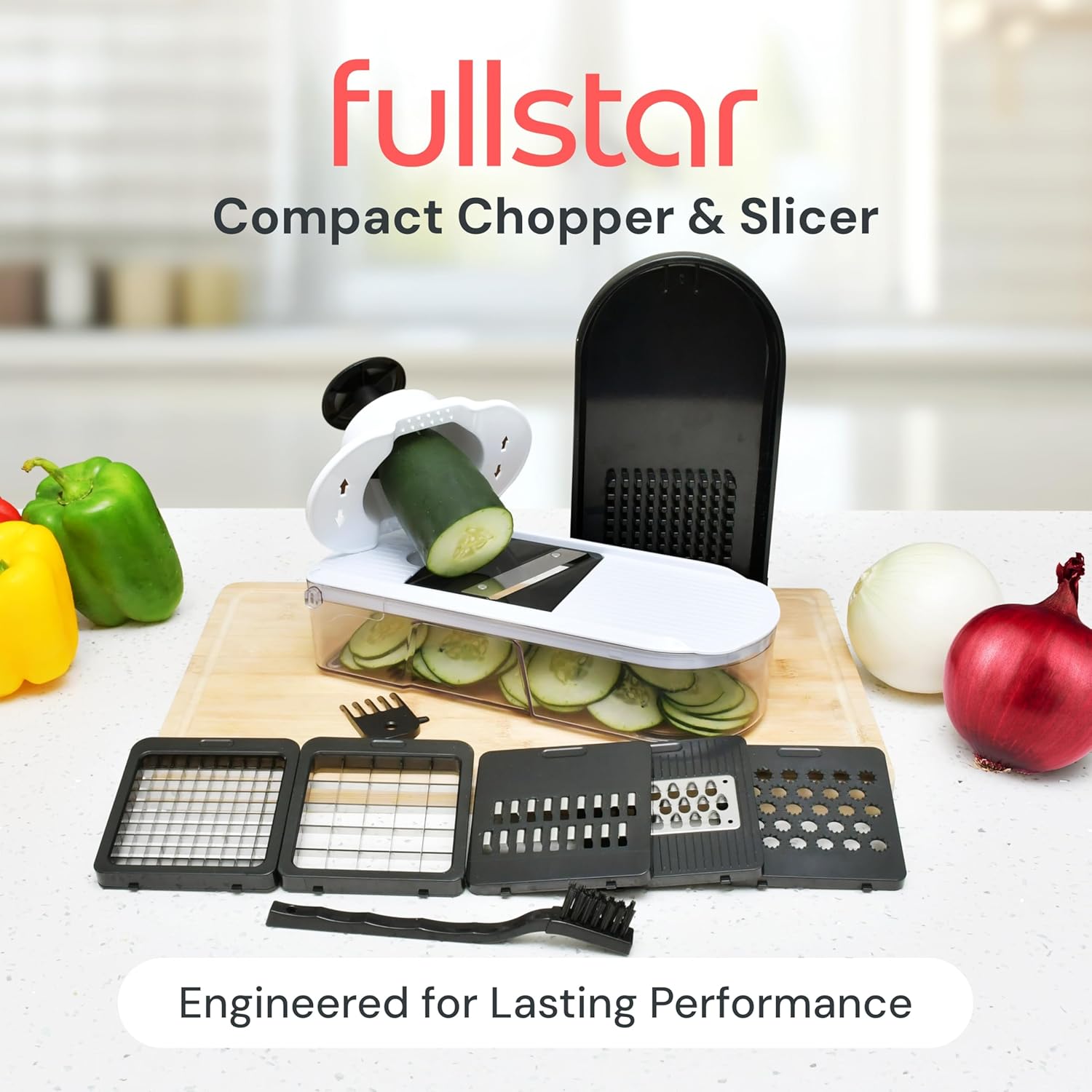 Vegetable Chopper & Mandoline Slicer – 6-in-1 Julienne Cutter, Dicer & Grater for Onion, Potato, Salad & Cheese (Compact, White)