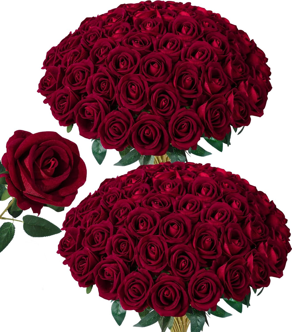 50PCS Burgundy Artificial Roses with Stems – Realistic Silk Fake Flowers for Wedding, DIY Bouquets, Home Décor & Valentine’s Day Gifts