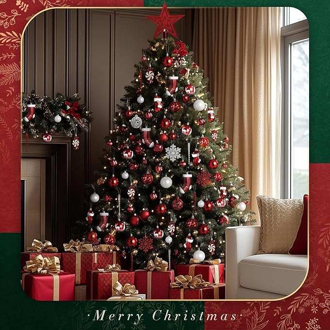 128Pcs Christmas Tree Decorations Set – Red Shatterproof Baubles