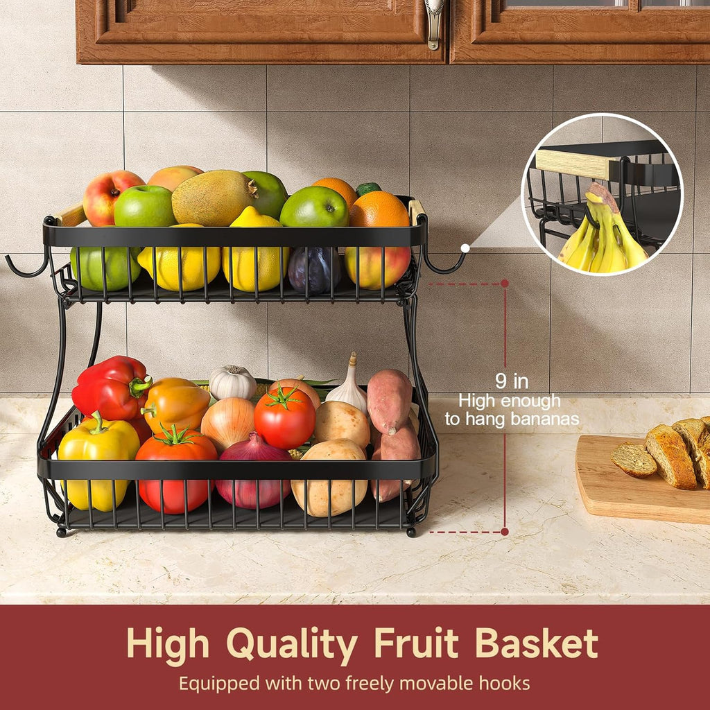 2 Tier Fruit Basket for Kitchen Counter with 2 Mobile Banana Hangers