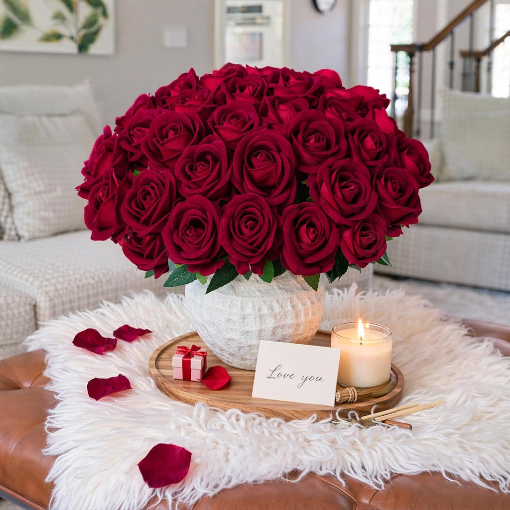 50PCS Burgundy Artificial Roses with Stems – Realistic Silk Fake Flowers for Wedding, DIY Bouquets, Home Décor & Valentine’s Day Gifts