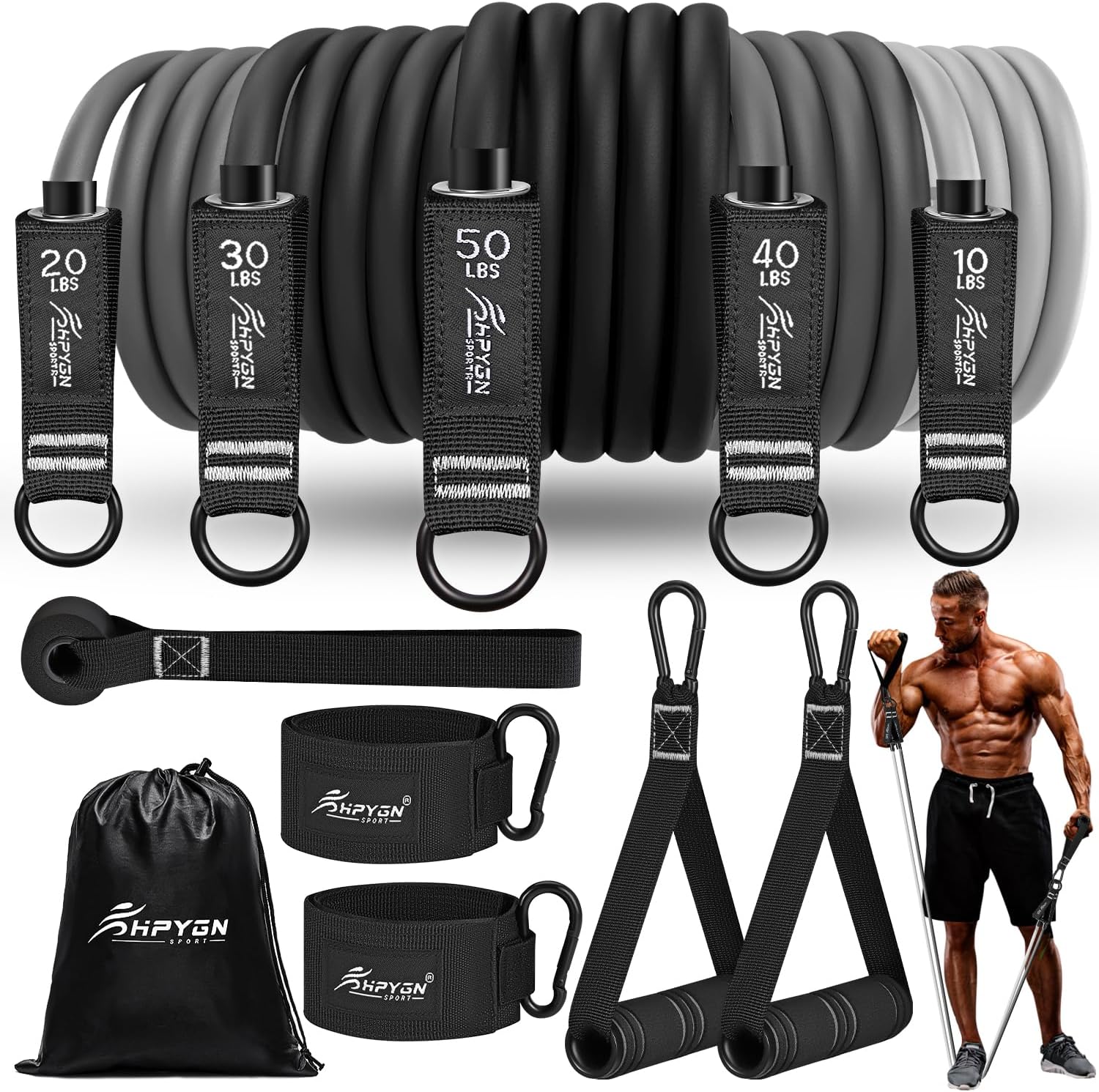 Exercise Bands with Handles, Door Anchor, Legs Ankle Straps, Fitness Tubes Resistance Set for Home