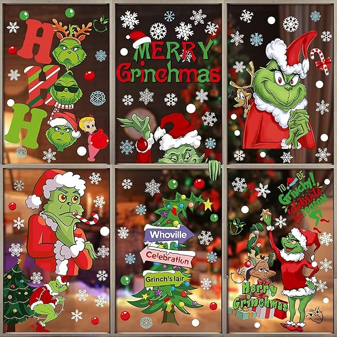 102Pcs Christmas Window Clings – Grinch Holiday Decorations & Window Stickers