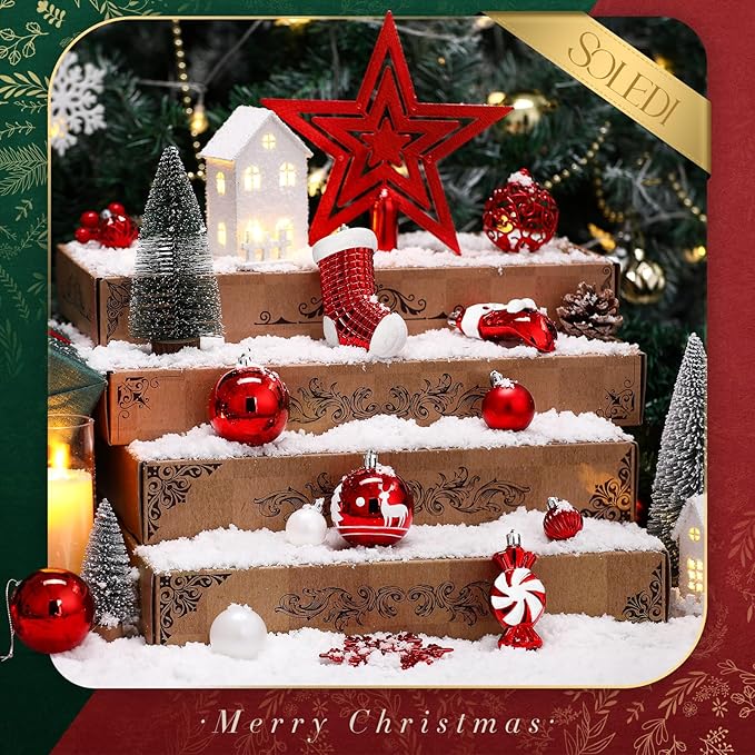 128Pcs Christmas Tree Decorations Set – Red Shatterproof Baubles