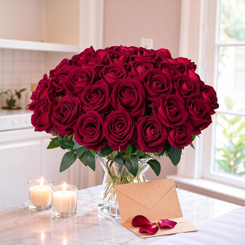 50PCS Burgundy Artificial Roses with Stems – Realistic Silk Fake Flowers for Wedding, DIY Bouquets, Home Décor & Valentine’s Day Gifts