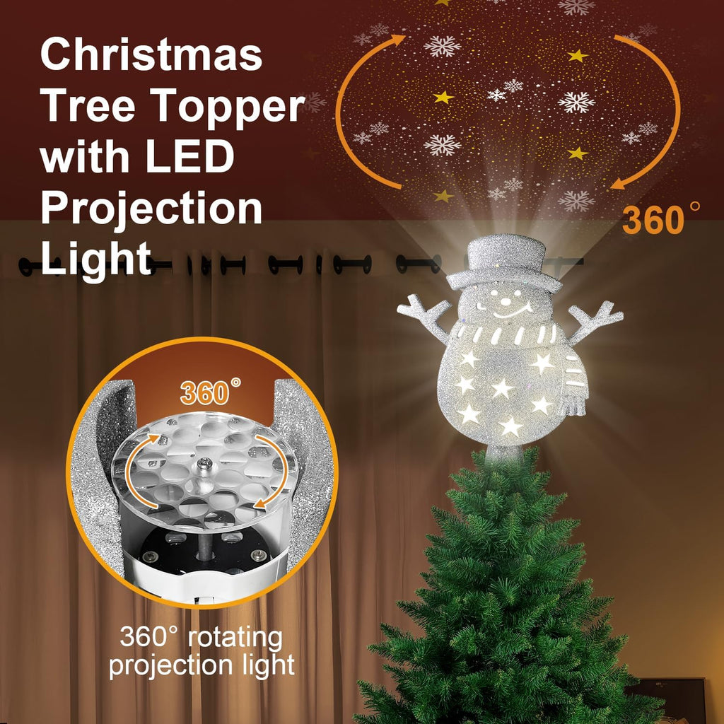 Christmas Tree Topper Lighted with 6 Projected Patterns 3D Glitter Projector for Party