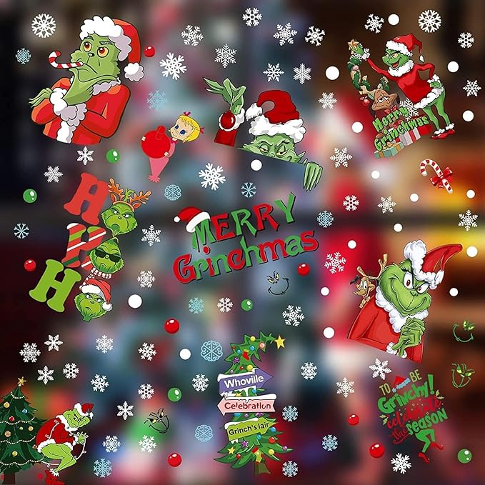 102Pcs Christmas Window Clings – Grinch Holiday Decorations & Window Stickers