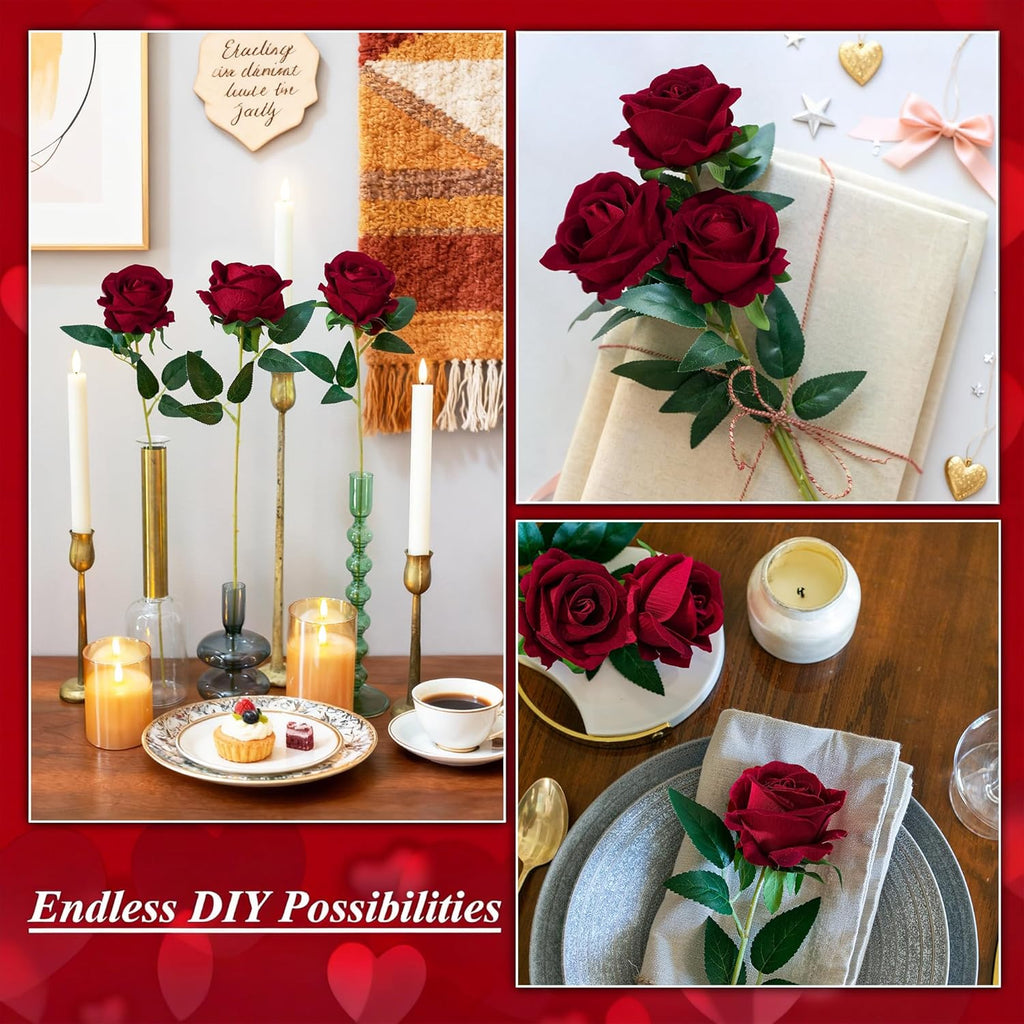 50PCS Burgundy Artificial Roses with Stems – Realistic Silk Fake Flowers for Wedding, DIY Bouquets, Home Décor & Valentine’s Day Gifts