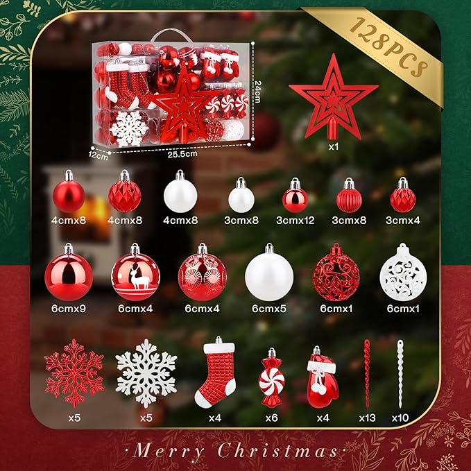 128Pcs Christmas Tree Decorations Set – Red Shatterproof Baubles