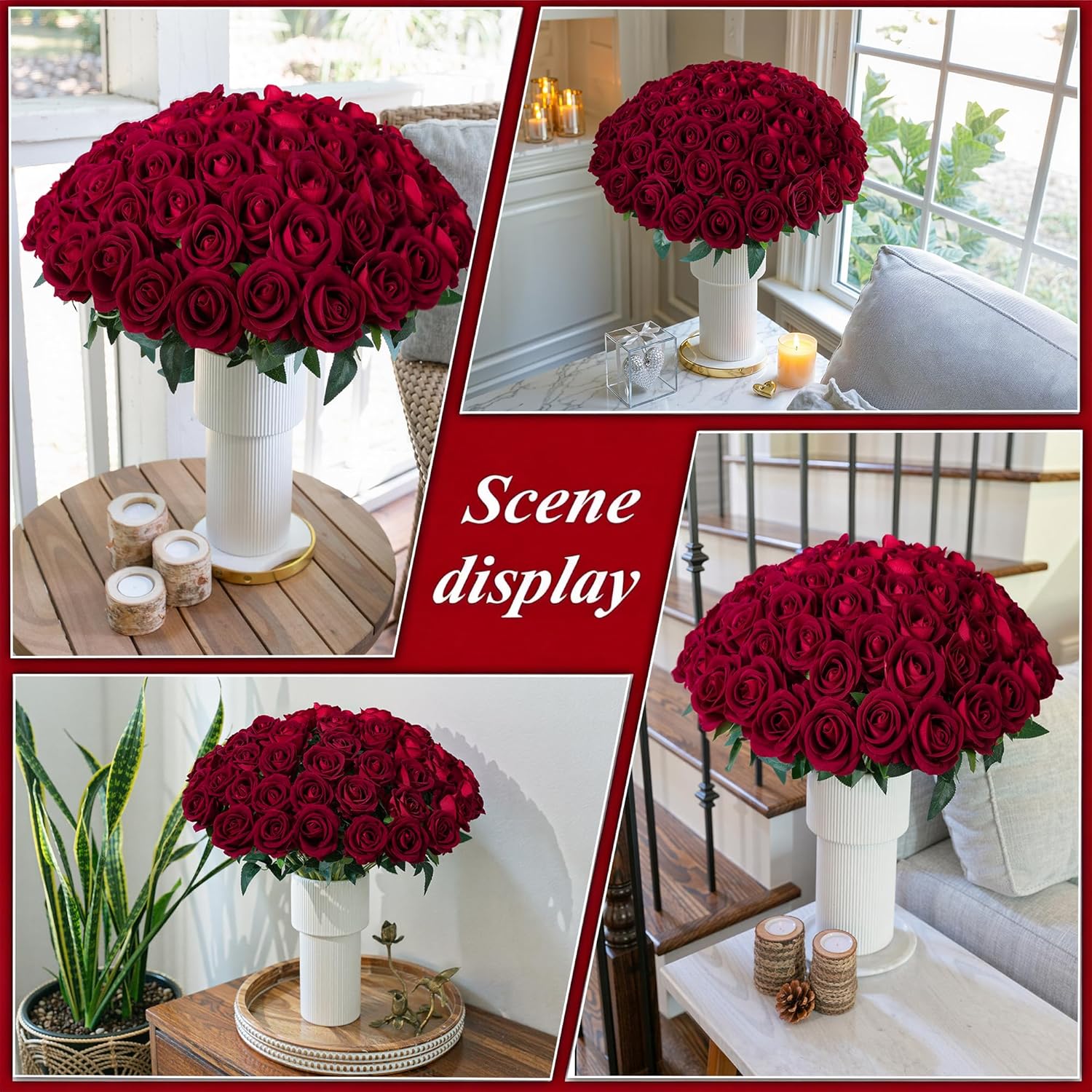 50PCS Burgundy Artificial Roses with Stems – Realistic Silk Fake Flowers for Wedding, DIY Bouquets, Home Décor & Valentine’s Day Gifts